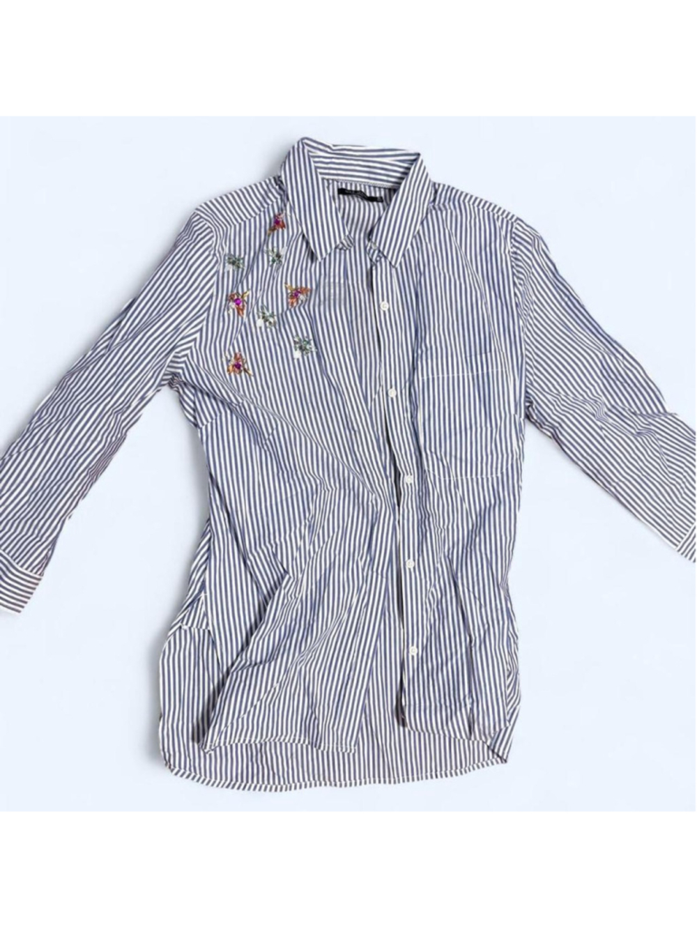 Max Jeans white/blue striped button-up shirt with gem insect embroidery on the c